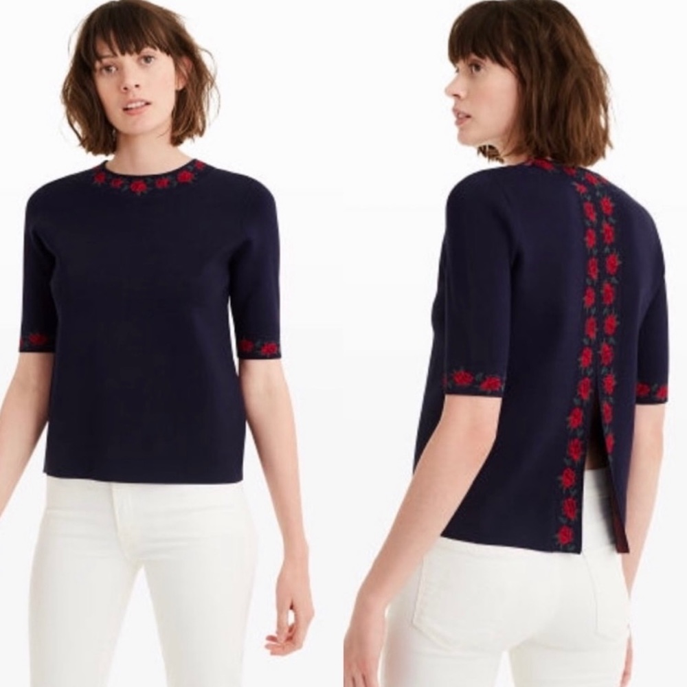 Club Monaco Vimala Jacquard Sweater, navy with red roses, size XS